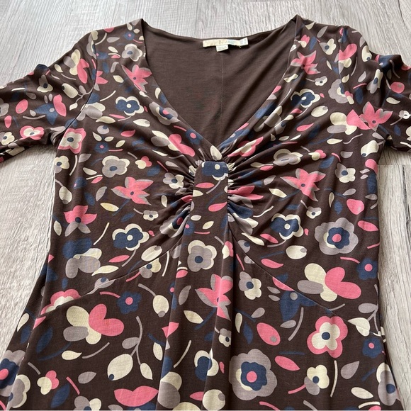 Boden Floral Midid Dress Women's 6 Brown Half Sleeve Stretch V Neck Pink Boho - Picture 7 of 13